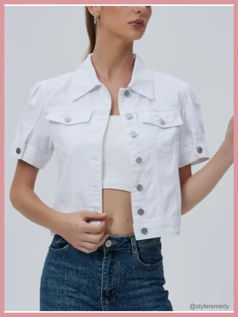 Cropped Denim Jacket Women Puff Short Sleeve Trucker Coat Slim Fit Summer